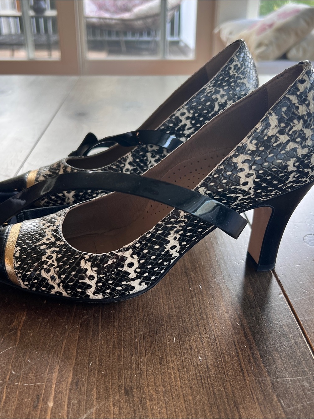 Anyi Lu Black & White Snake-Print Mary Jane Heels with Gold Toe Accent